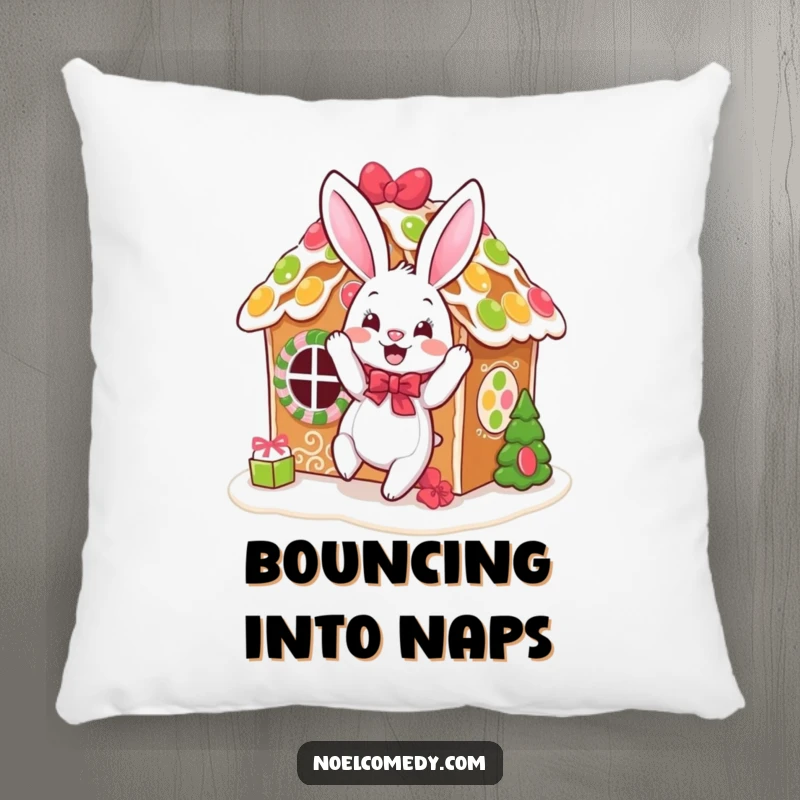 Funny pillow depicting a bouncing bunny decorating a gingerbread house, adding cozy holiday cheer.