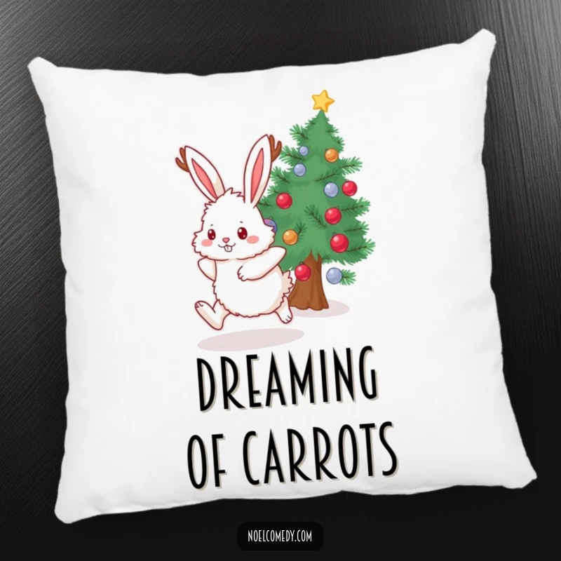 Funny Pillow with a fluffy bunny wearing antlers, hopping with joy near a decorated evergreen, adding festive flair.