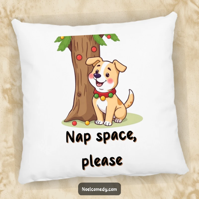Funny pillow featuring a cheerful dog in a festive collar wagging its tail near a holiday tree.