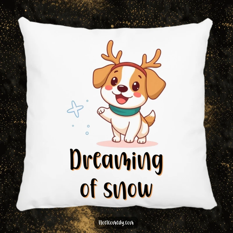 Funny Pillow with a happy dog in a reindeer headband chasing a snowflake, adding festive comfort.