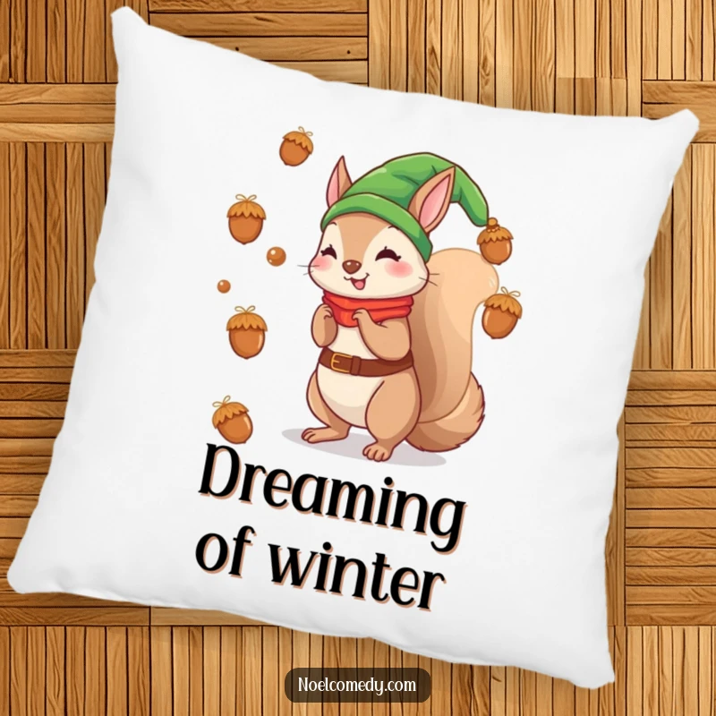 Funny pillow featuring a squirrel elf tossing acorns like ornaments, perfect for cozy holiday decor.