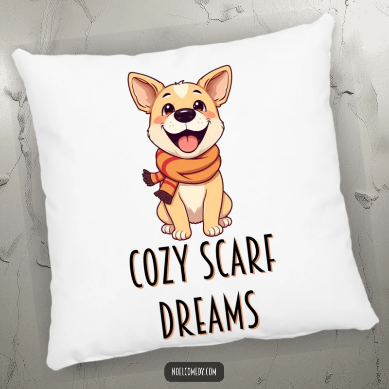 Funny Pillow: An excited dog wearing a festive scarf, offering plush comfort and a touch of festive, happy humor.