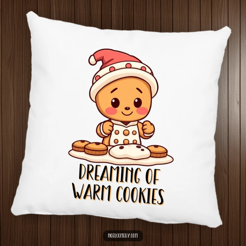Funny pillow design featuring a small gingerbread man wearing a silly hat, joyfully baking a batch of cookies, bringing sweet cheer.