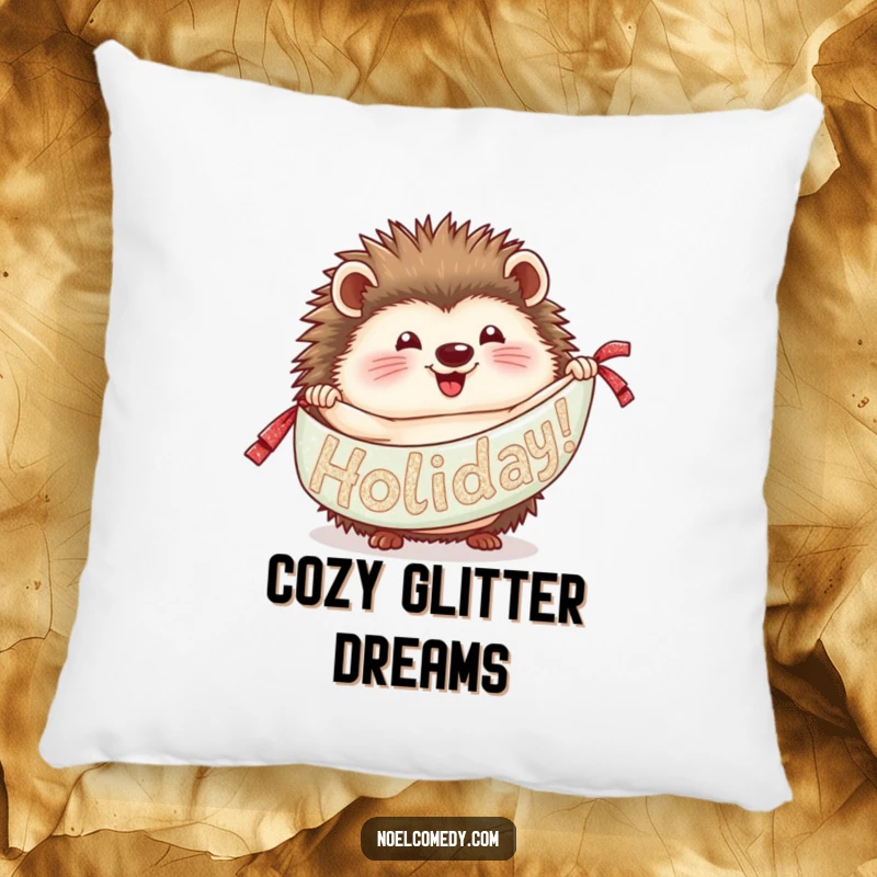 Funny Hedgehog Pillow: A plush pillow featuring a hedgehog unrolling a glittery banner, offering festive comfort and charm.