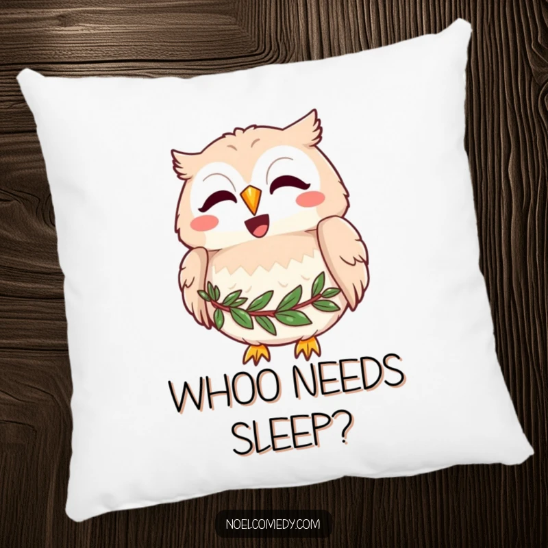 Funny pillow showcasing a joyful owl with a wreath around its neck, hooting merrily, perfect for cozy and wise decor.
