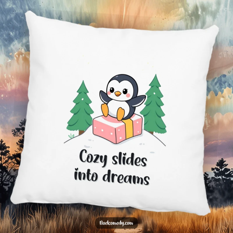 Funny pillow design featuring an adorable penguin character joyfully sliding down a snowy hill on top of a wrapped gift, bringing holiday cheer.