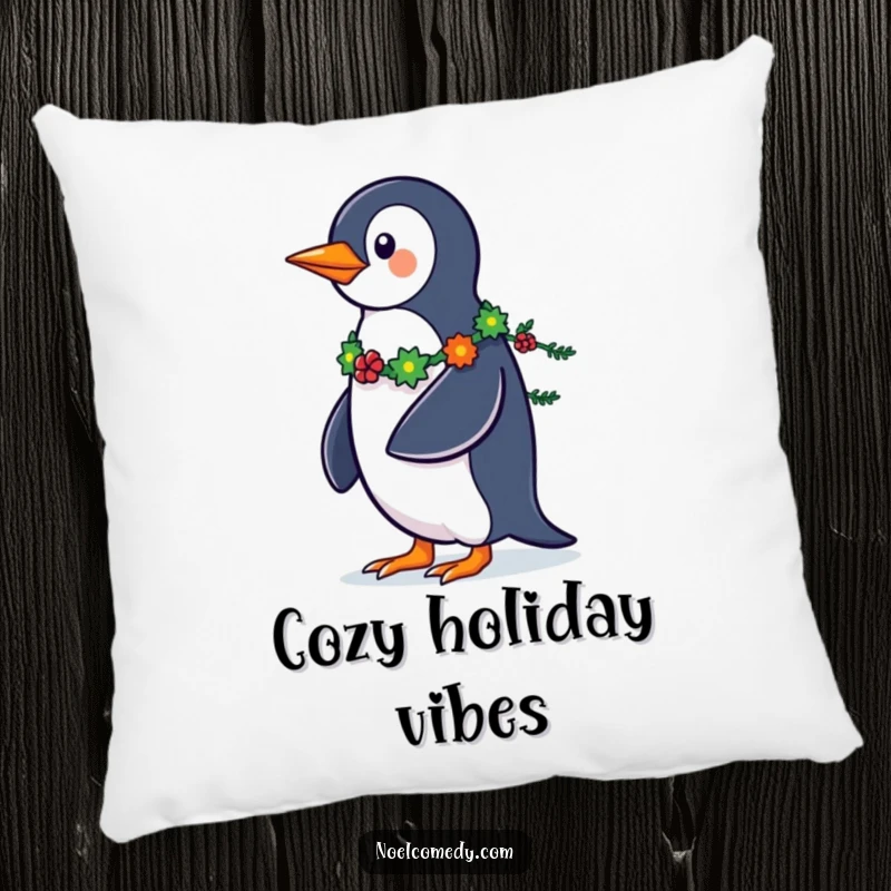 Funny Penguin Pillow: A plush pillow featuring a strutting penguin with a garland tail, offering festive comfort and charm.