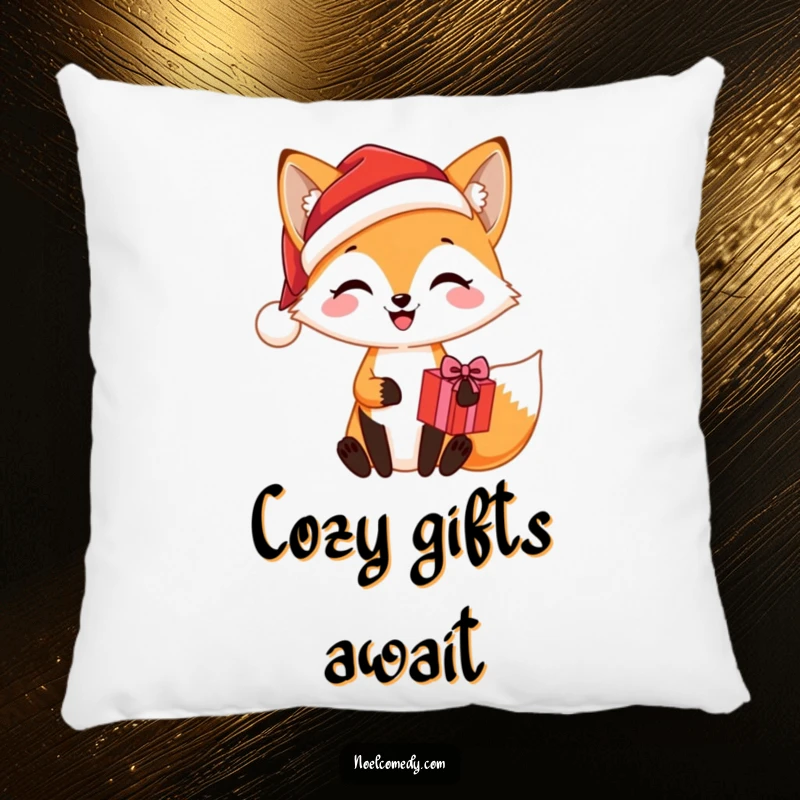Funny pillow featuring a joyful fox wearing a Santa hat and holding a Christmas present, bringing cozy holiday cheer to any room.