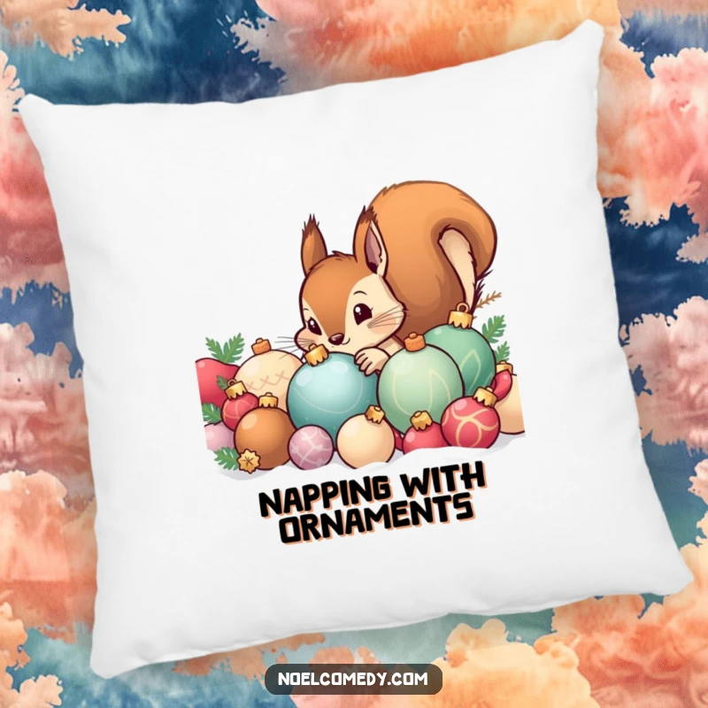 Funny pillow design featuring a curious squirrel peeking from behind a festive mound of Christmas ornaments, perfect for cozy holiday lounging.