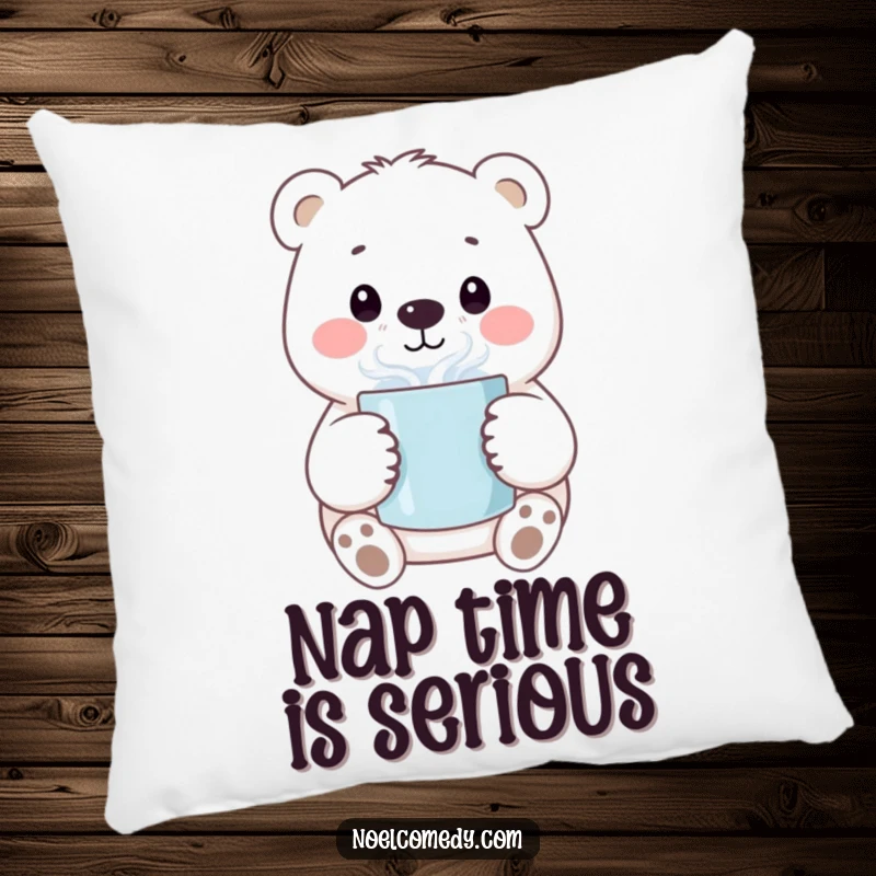 Funny pillow displaying a smiling polar bear character holding a steaming mug, offering comfort and cute arctic charm.