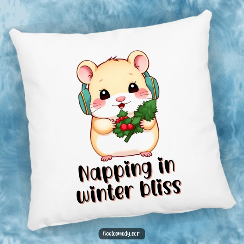 Funny pillow featuring a cute hamster wearing earmuffs and holding a mini evergreen, perfect for winter.