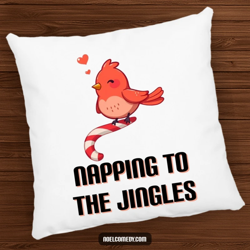 Funny Red Bird Pillow: A happy red bird sings on a candy cane, bringing festive comfort and holiday cheer.