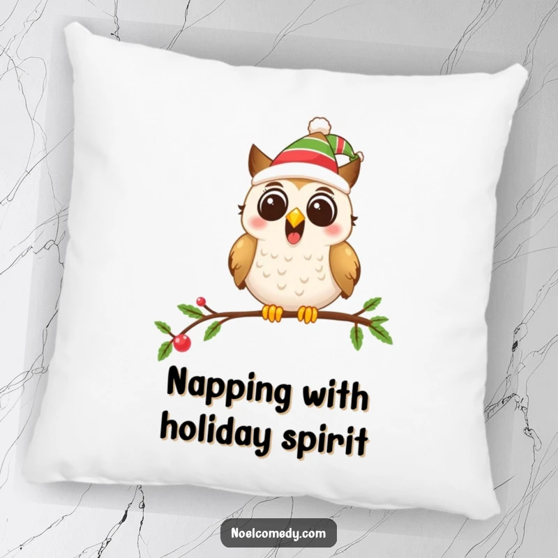Funny pillow featuring an excited owl in a party hat on a decorated branch, bringing holiday cheer.