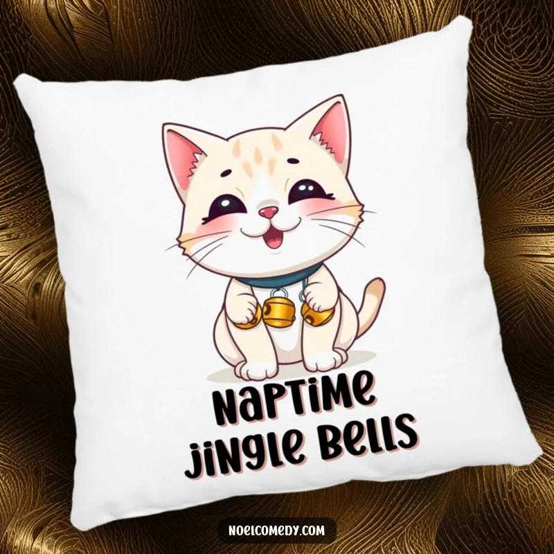Funny Pillow: A giggling cat with tiny jingle bells, offering plush comfort and a touch of playful, festive humor.