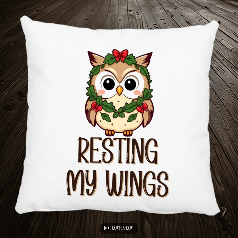 Funny owl pillow featuring a curious character wearing a festive wreath, adding comfort and holiday charm to sofas and chairs.