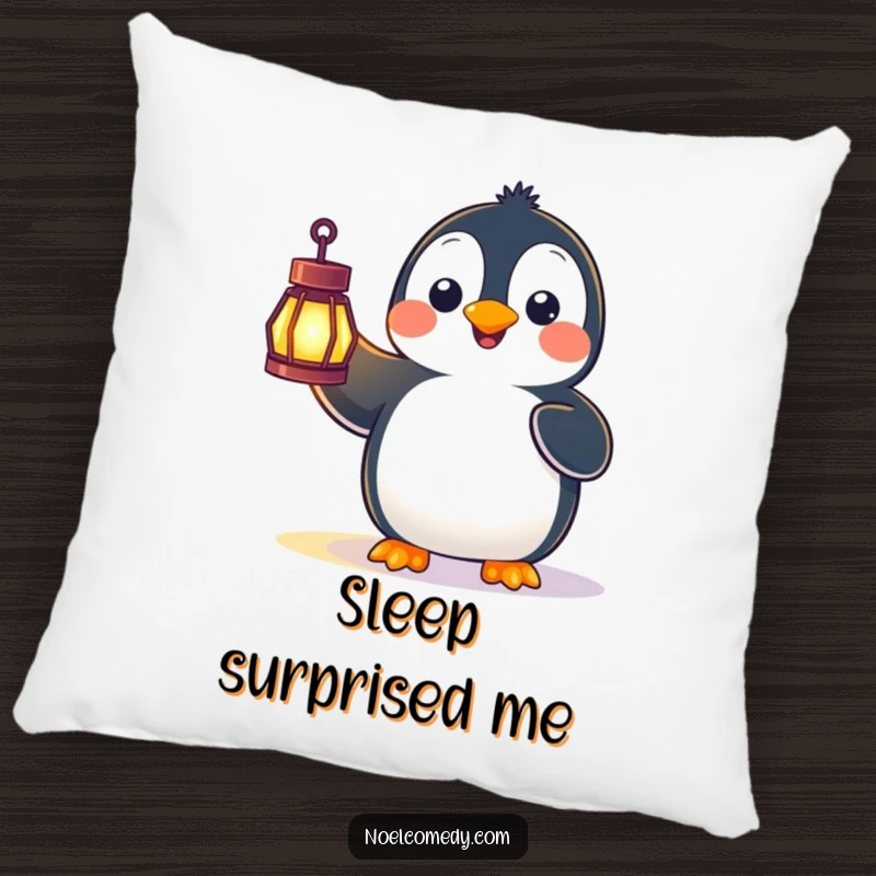 Funny pillow featuring a happy penguin looking astonished while holding a glowing lantern, adding a touch of magical surprise.