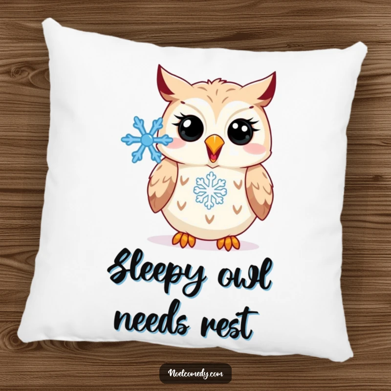 Funny Pillow: A decorative pillow with a happy owl hooting with a snowflake, bringing cozy winter humor.