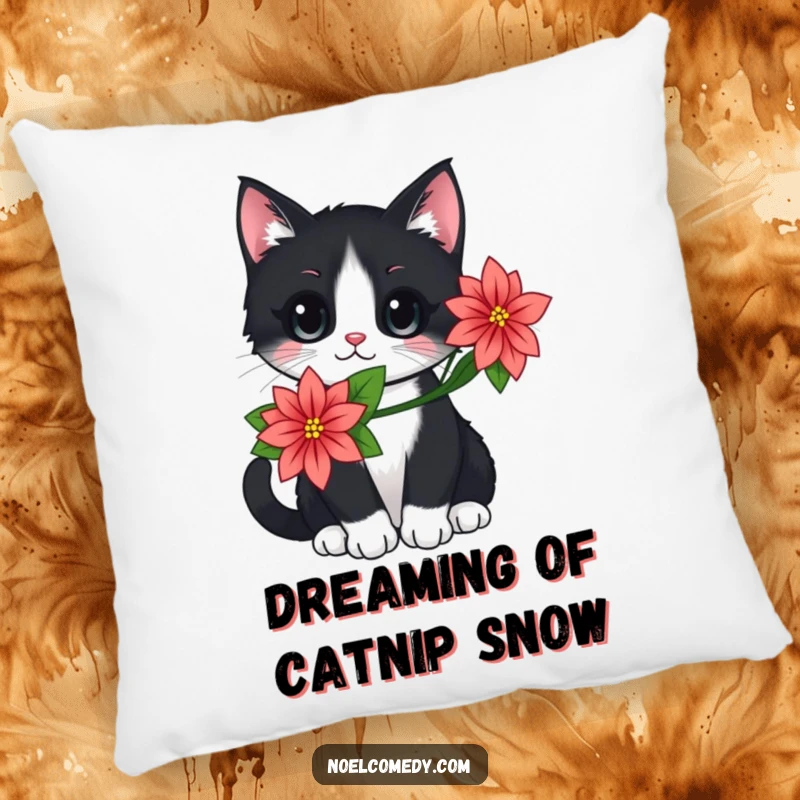 Funny pillow featuring a black and white cat with a poinsettia, designed for comfort and adding festive holiday vibes.
