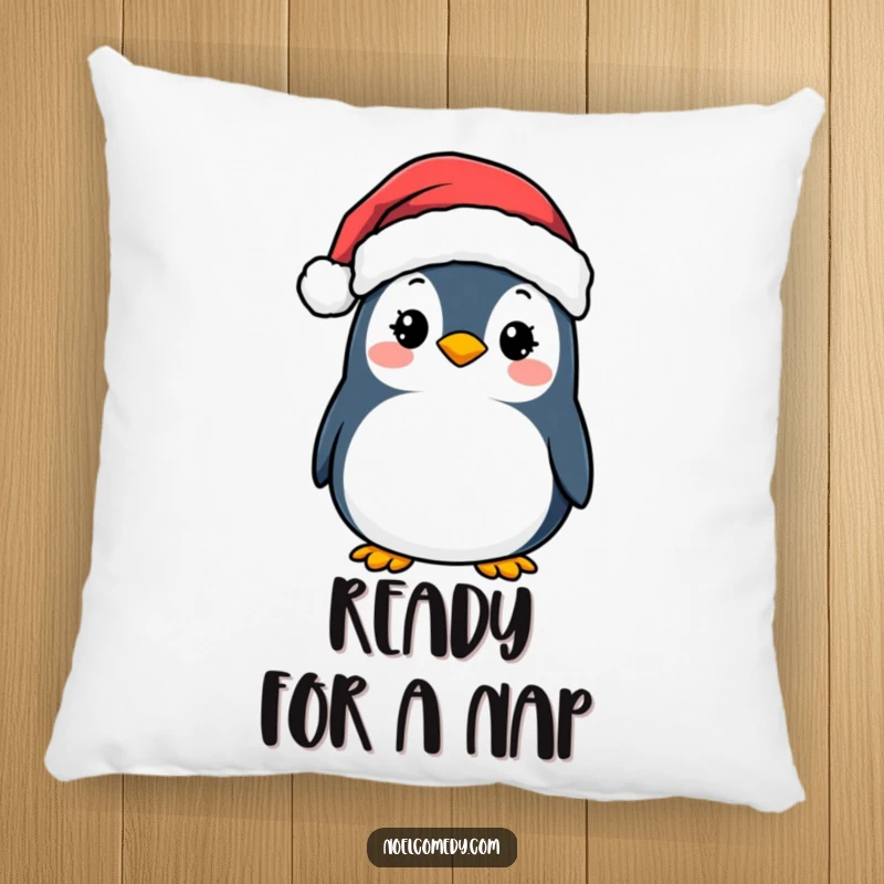 Funny Pillow: A soft, decorative pillow with a smiling penguin wearing a Santa hat, bringing cozy holiday humor.
