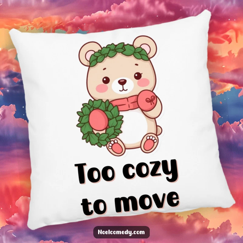 Funny pillow with a cheerful bear wearing mittens and holding a wreath. Soft, cozy, and festive.