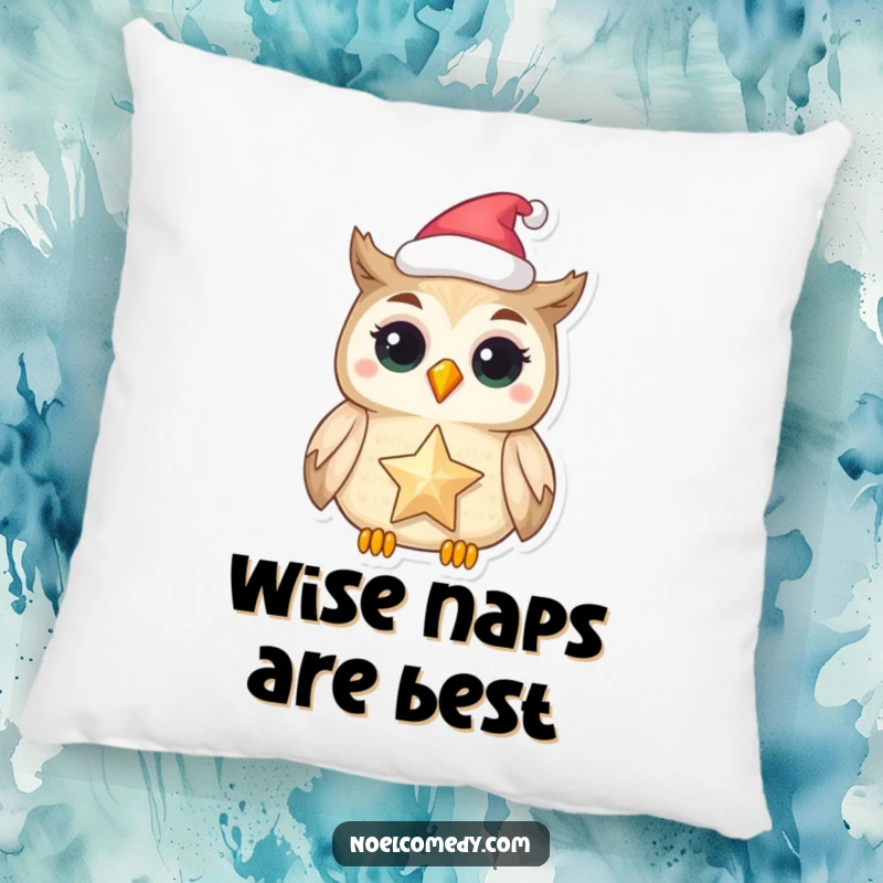 Funny pillow featuring a delighted owl in a festive hat holding a shimmering star, for comfort.