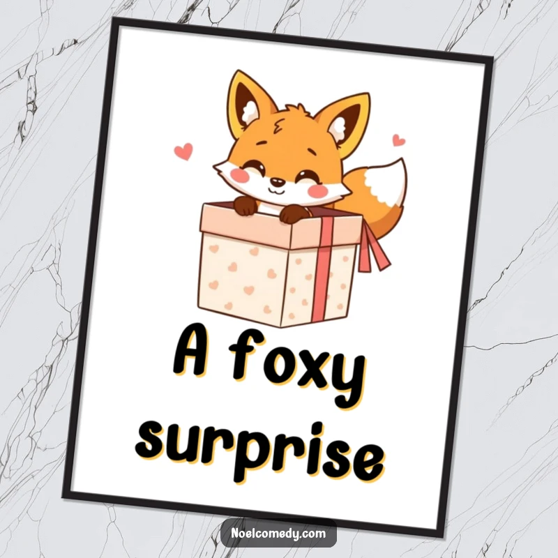 Funny Digital Art Print: A cheerful fox peeking from a gift box, bringing playful curiosity and humorous charm instantly.