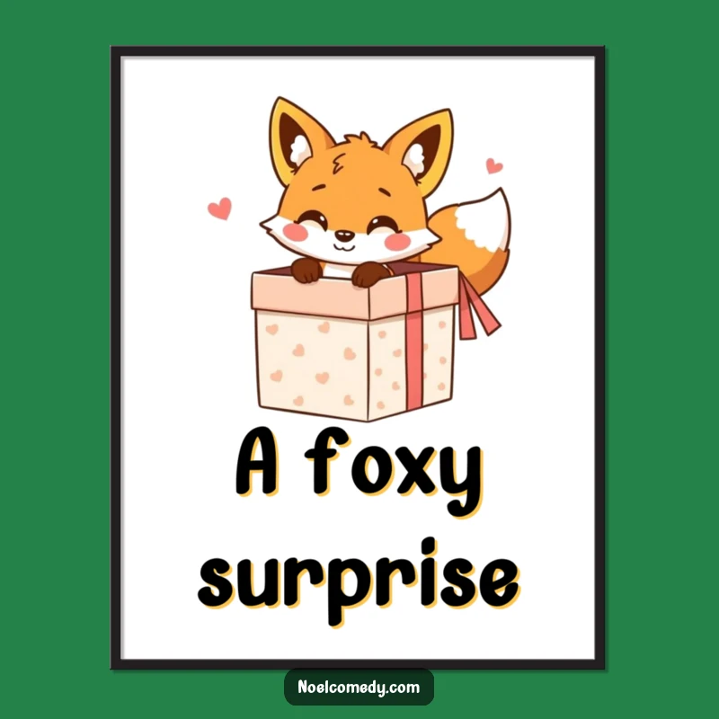 Funny Fox Gift Box Digital Art: Peeking Fox Decor, Instant Whimsical Wall Art