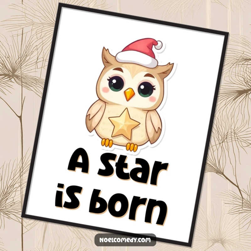 Funny digital art print of a festive owl holding a shimmering star, great for holiday decor.