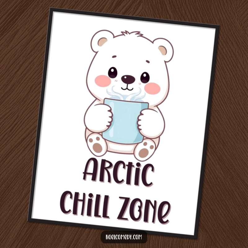 Funny digital art print of a smiling polar bear character holding a steaming mug, radiating warmth and happiness.