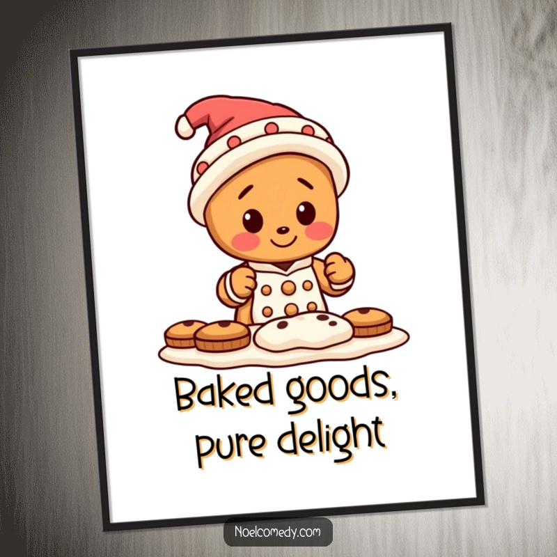 Funny digital art print of a tiny gingerbread man character wearing a silly hat, joyfully baking cookies, capturing pure baking fun.