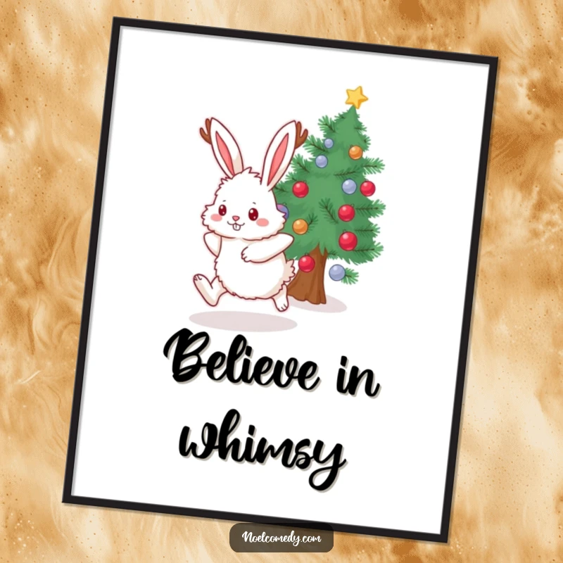 Funny Digital Art Print of a fluffy bunny with antlers, gleefully hopping near a decorated evergreen for festive decor.