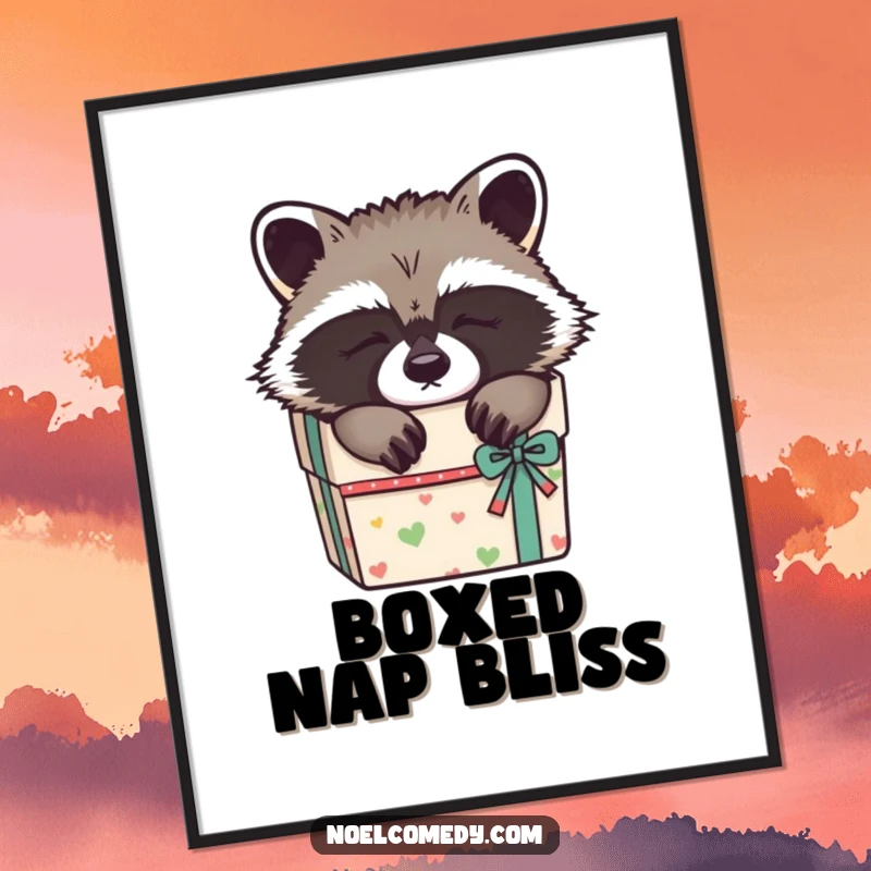 Funny Sleepy Raccoon Digital Art: A raccoon peacefully sleeping in a gift box, offering instant cozy humor for digital display.