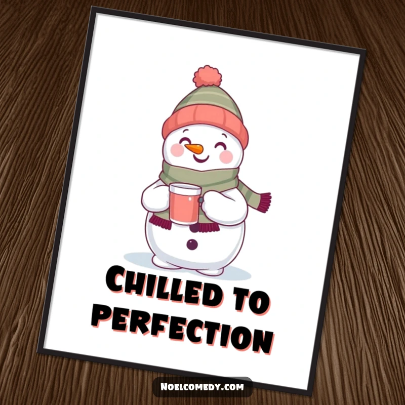 Funny digital art print of a delighted snowman in a scarf holding a warm drink. Perfect holiday decor.