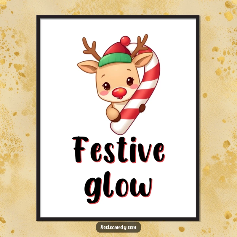 Funny cute reindeer with a glowing red nose, peeking from around a giant candy cane, available as a festive digital art print.