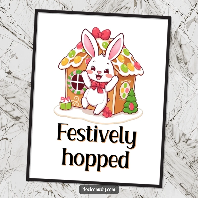 Funny digital art print of a bouncing bunny decorating a gingerbread house, perfect for instant holiday decoration.