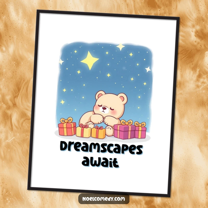 Funny Digital Art Print: A sleeping bear cub dreams of presents under a beautiful starry sky, creating a whimsical and humorous visual.