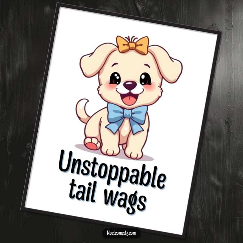 Funny digital art of a bouncing puppy with a festive bow, wagging its tail furiously, perfect for joyful decor.