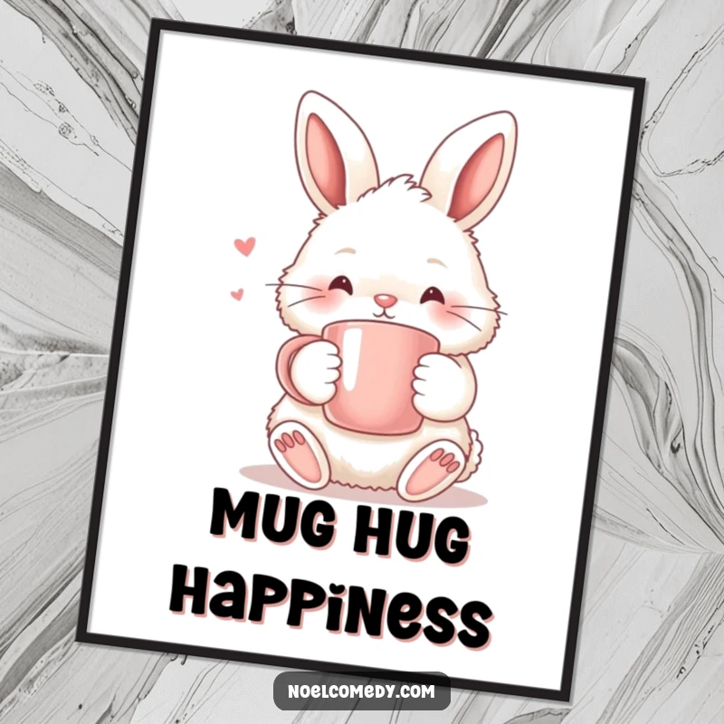 Funny Digital Art Print: A fluffy bunny holding a warm mug, embodying coziness, warmth, and adorable charm for decor.