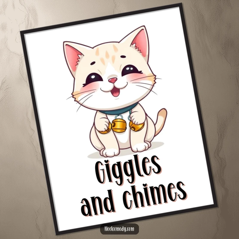 Funny Digital Art Print: A giggling cat adorned with tiny jingle bells, radiating playful mischief and festive charm for decor.
