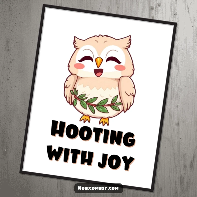 Funny digital art print of a joyful owl with a wreath around its neck, hooting merrily, ready to print.