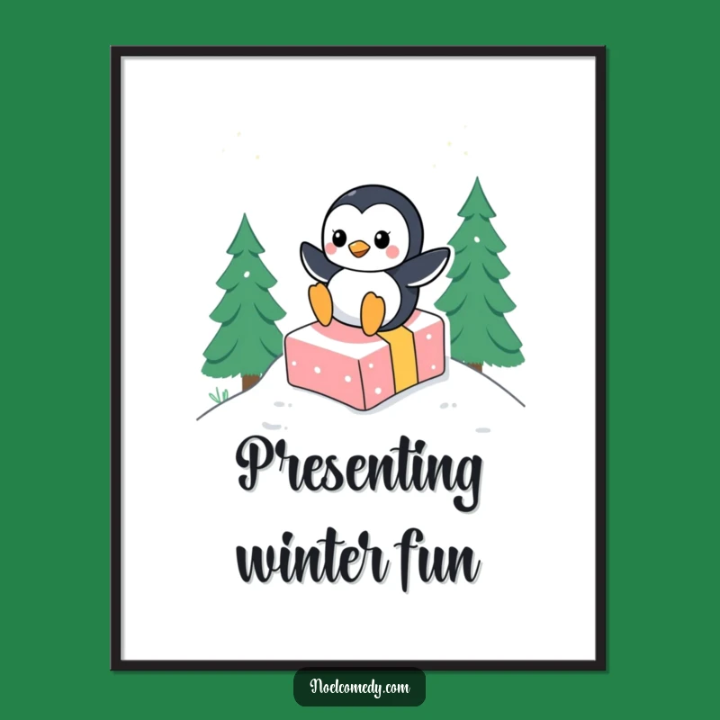 Funny Penguin Gift Slide Digital Print: Instant Winter Decor and Hilarious Gift