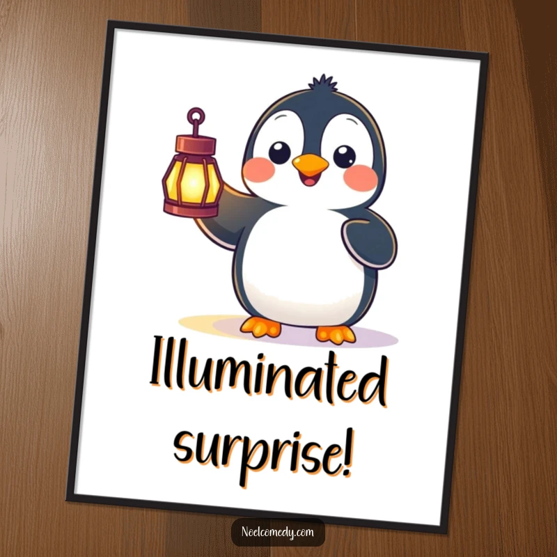 Funny digital art print of a happy penguin with wide-eyed surprise holding a brightly glowing lantern, capturing a moment of wonder.