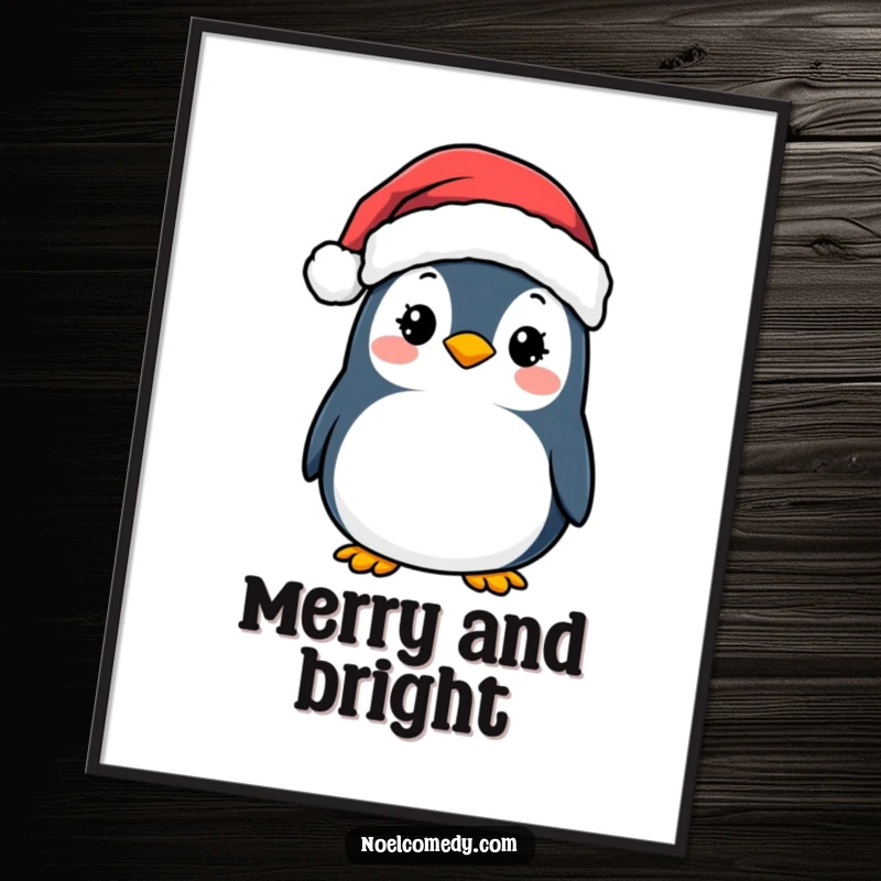 Funny Digital Art Print: A smiling penguin wearing a Santa hat, spreading holiday cheer and humorous festive vibes.