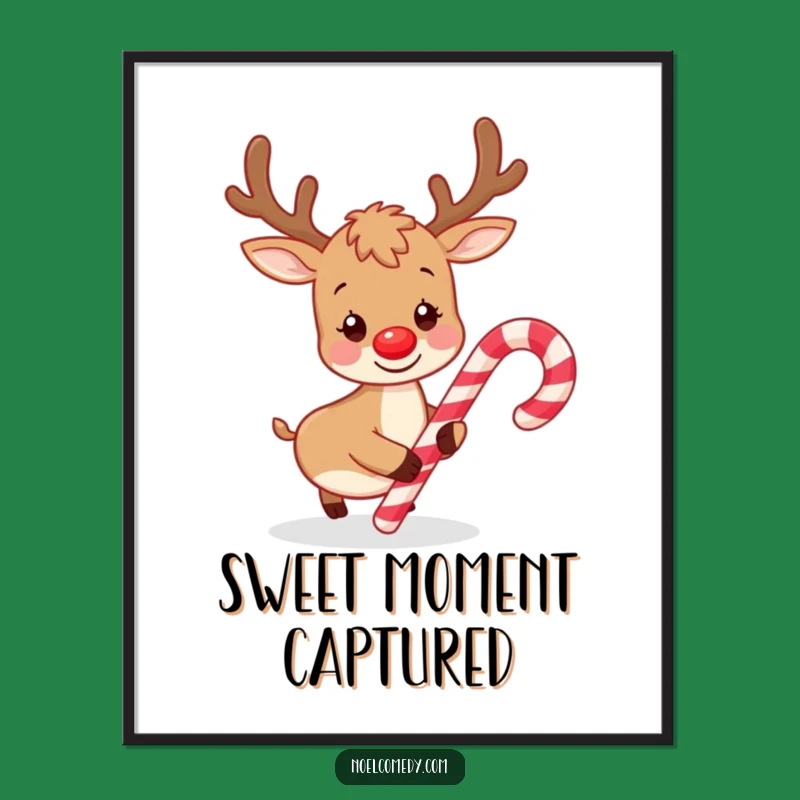 Funny Playful Reindeer Candy Cane Digital Art: Instant Holiday Whimsy