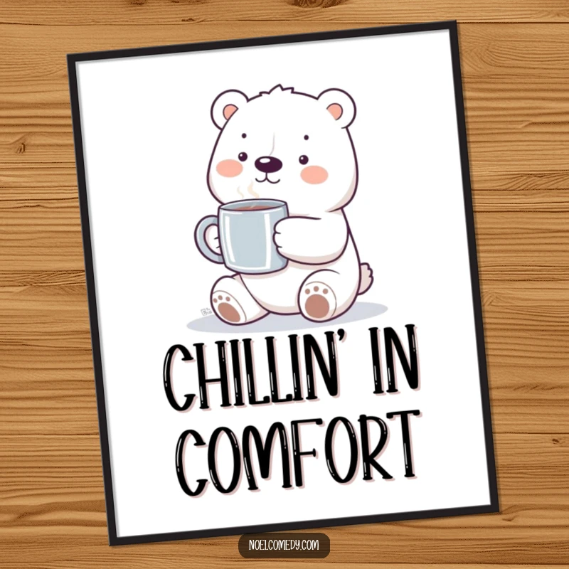 Funny polar bear digital art print with a smiling bear holding a steaming mug, offering instant cozy charm for walls.