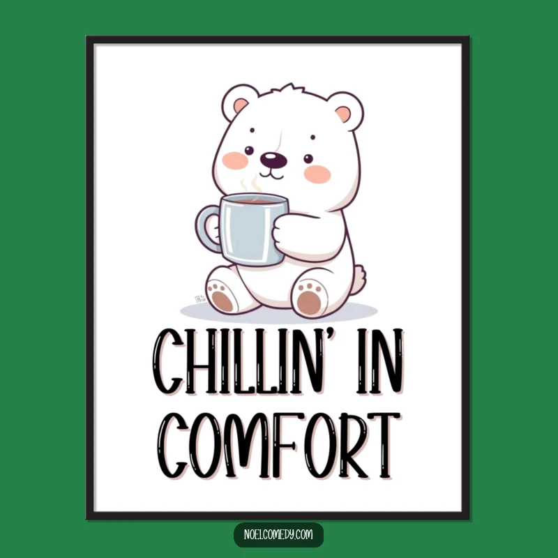 Funny Polar Bear Digital Art: Smiling Bear with Steaming Mug for Cozy Decor