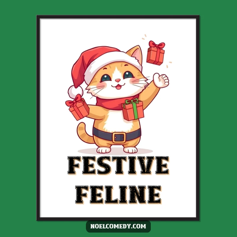 Funny Santa Cat Art Print: Juggling Gifts Decor, a Hilarious Digital Funny Gift