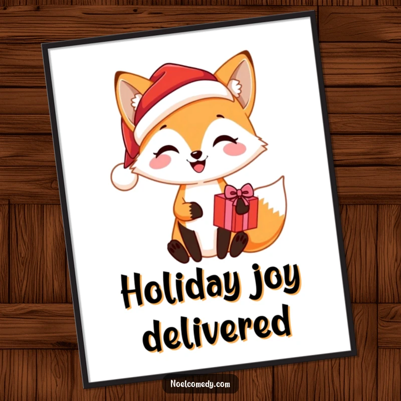 Funny digital art print of a joyful fox wearing a Santa hat and holding a Christmas present, perfect for seasonal wall art.