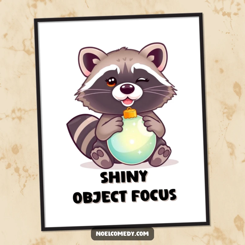 Funny digital art print of a winking raccoon holding a shiny Christmas ornament, perfect for instant holiday decoration.