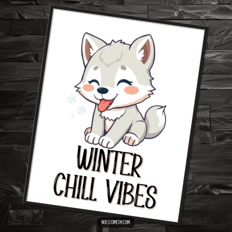 Funny digital art print of a playful wolf pup catching snowflakes, perfect for instant winter-themed decoration.